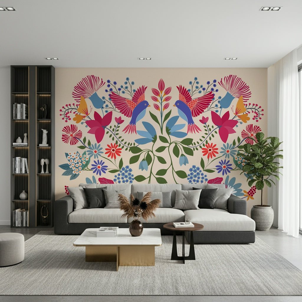 Folk art inspired floral wallpaper in a modern home office.