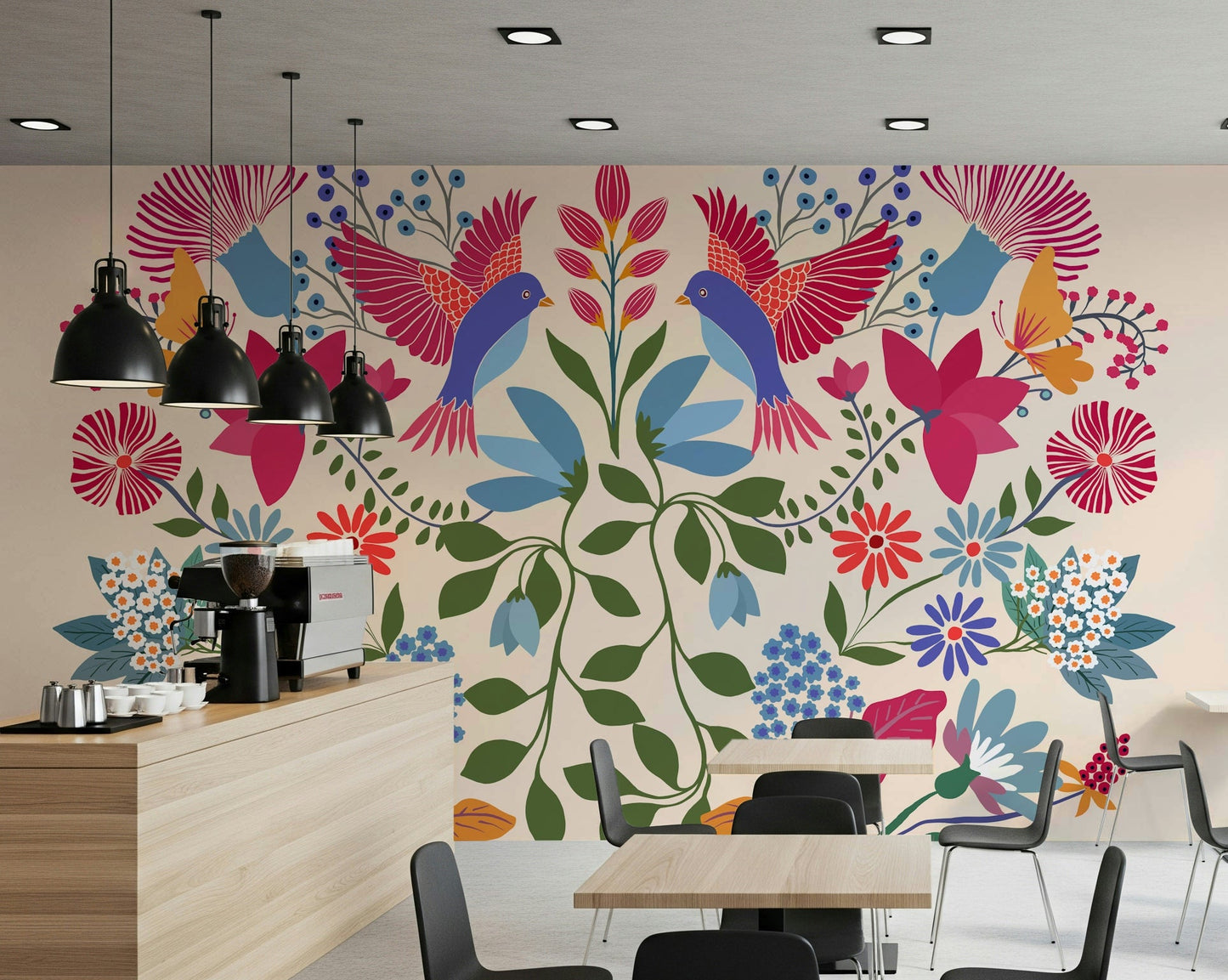 Mexican Garden wallpaper in a dining room with wooden furniture.