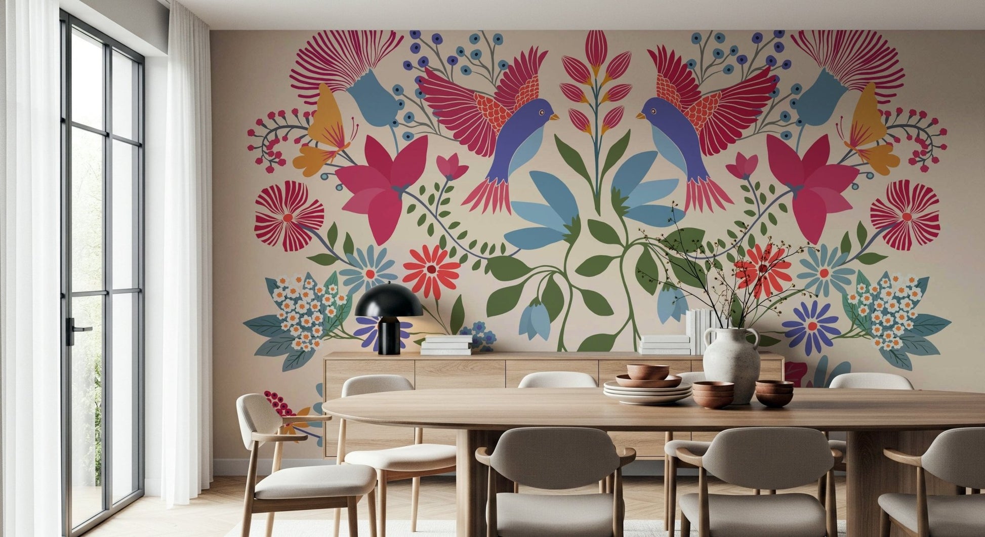 Traditional floral wall mural in a luxury apartment hallway.