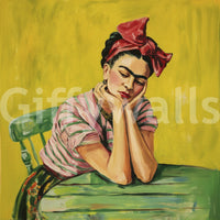 Close-up of mural showing floral accents and expressive eyes

