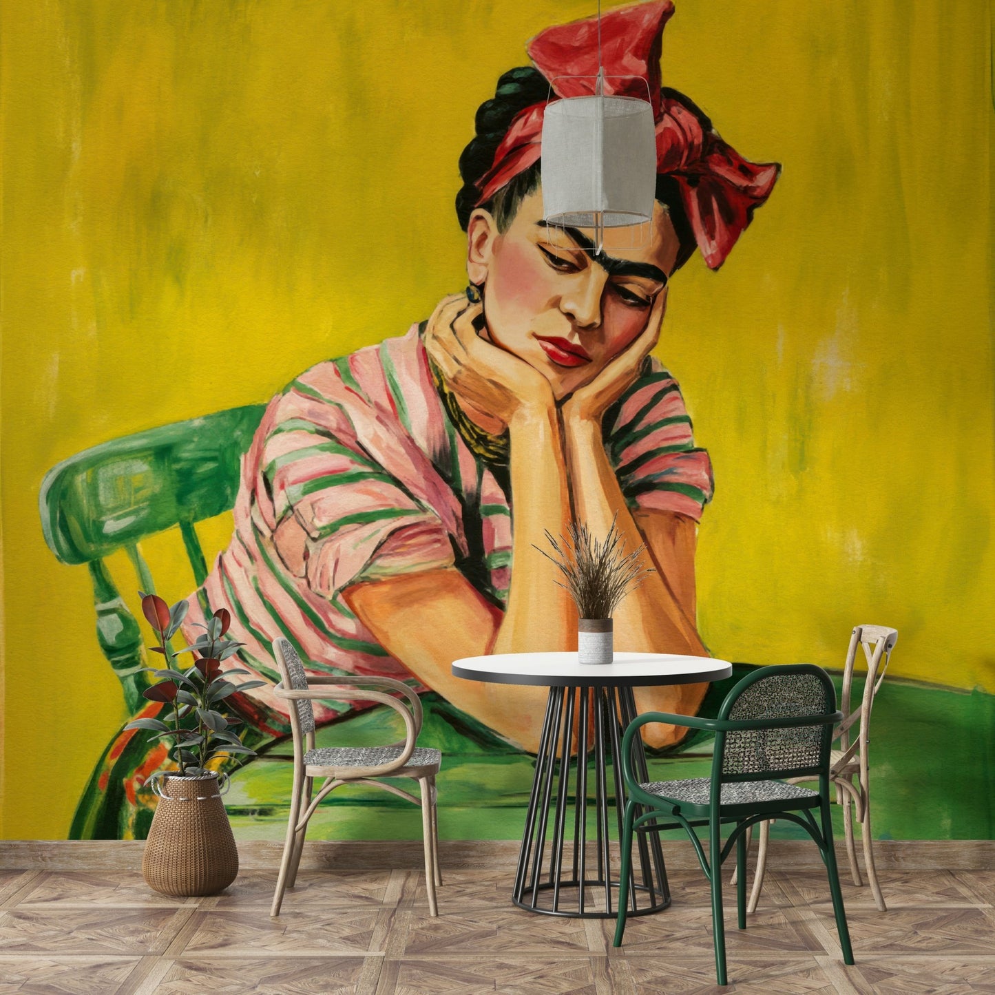 Floral crown and folk motifs in Mexican Muse wall design

