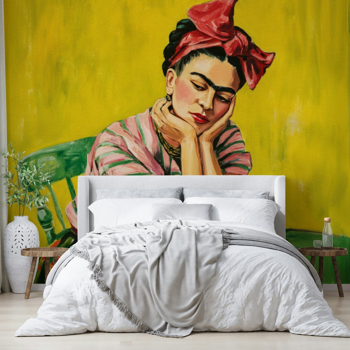 Floral crown and folk motifs in Mexican Muse wall design

