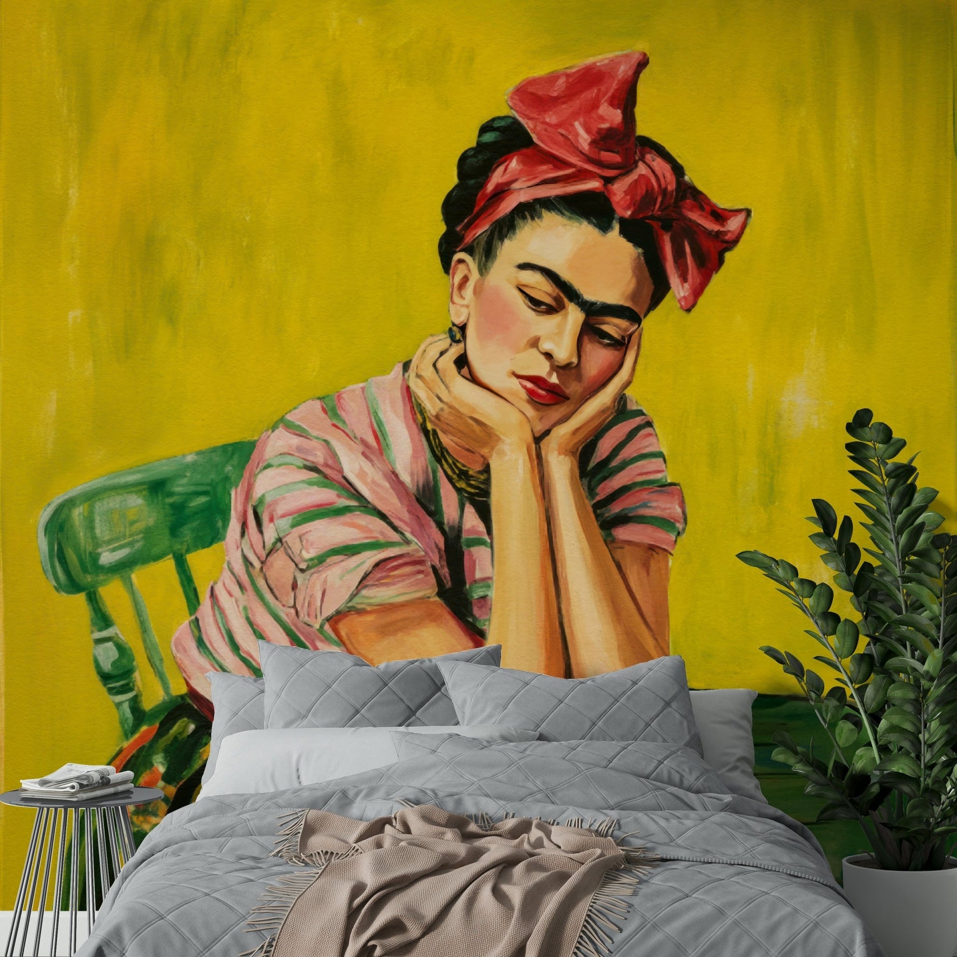 Bohemian room featuring bold Mexican woman mural

