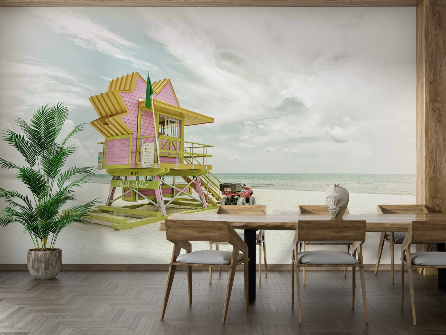 Colorful coastal mural with 80s-inspired Miami Beach flair.

