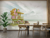 Colorful coastal mural with 80s-inspired Miami Beach flair.

