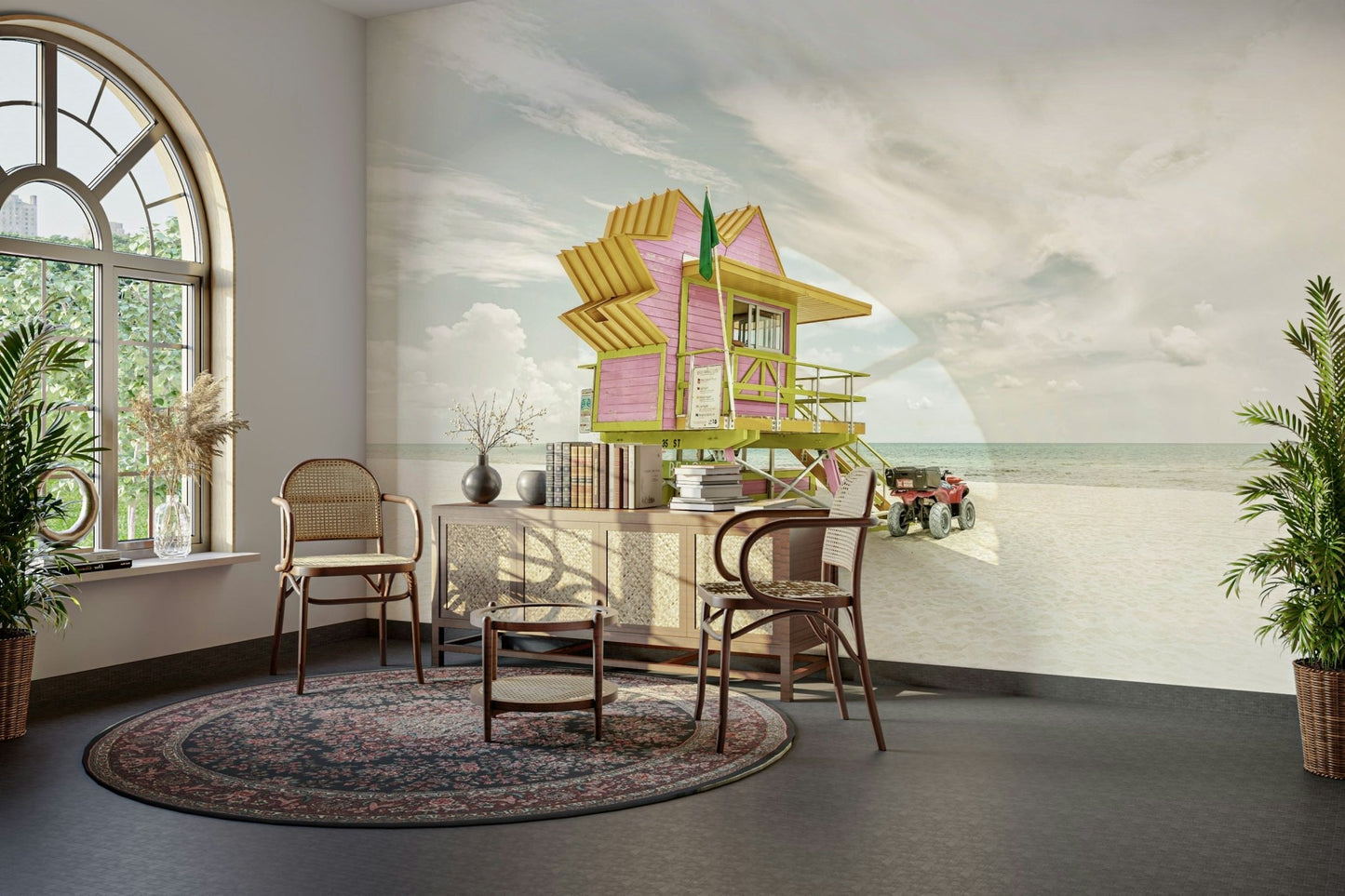Retro-style wall mural showing Florida's coastal city charm.

