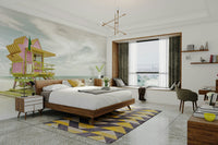 Wall mural depicting iconic Miami lifeguard towers in retro hues.

