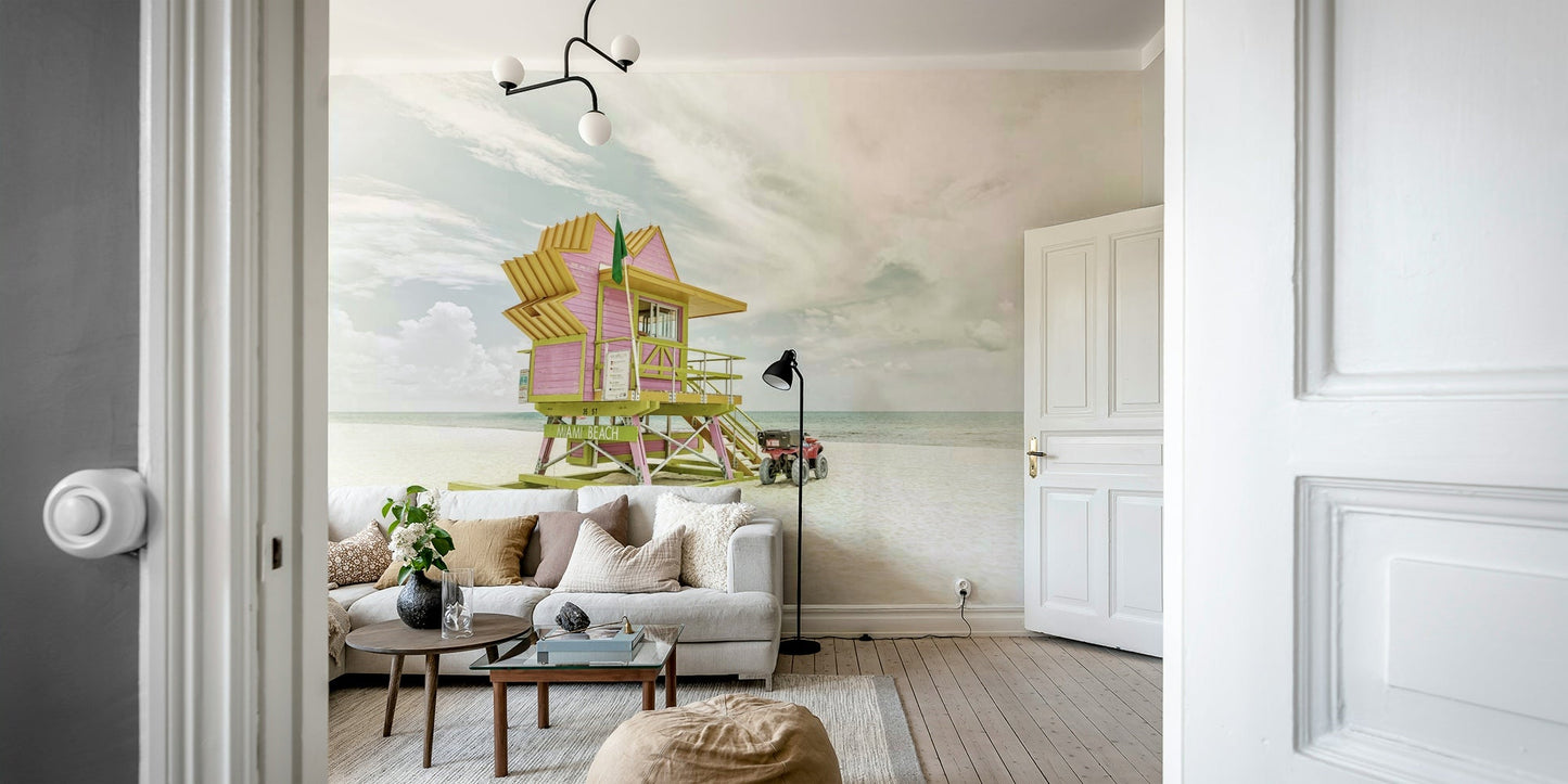 Art deco-style Miami mural for a funky, sunlit room vibe.

