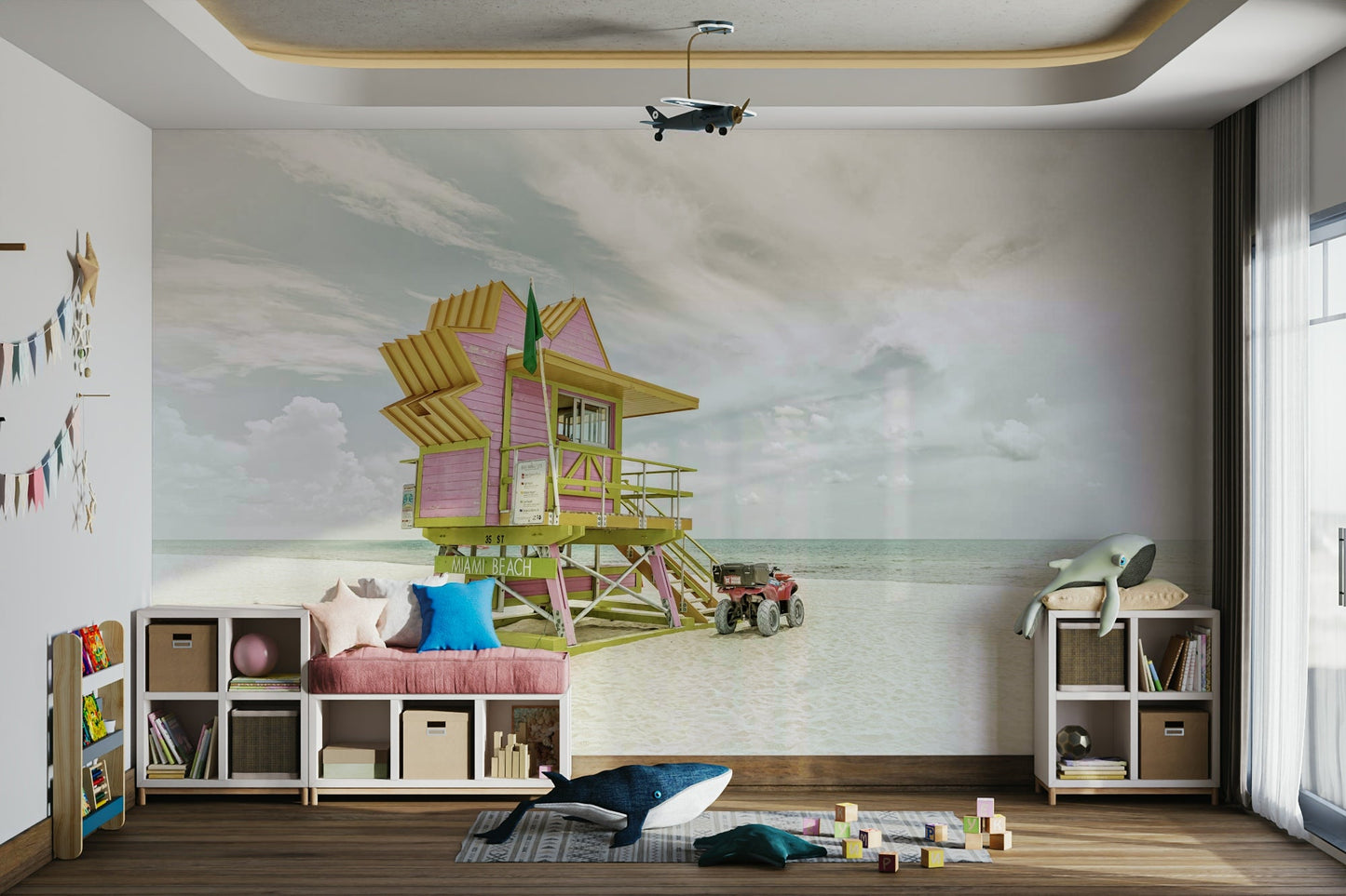 Nostalgic mural of sun-soaked Miami Beach streets and signs.

