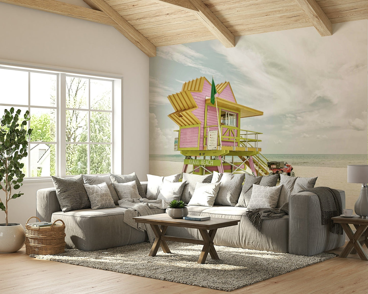 Bold mural featuring classic Miami Beach art deco elements.

