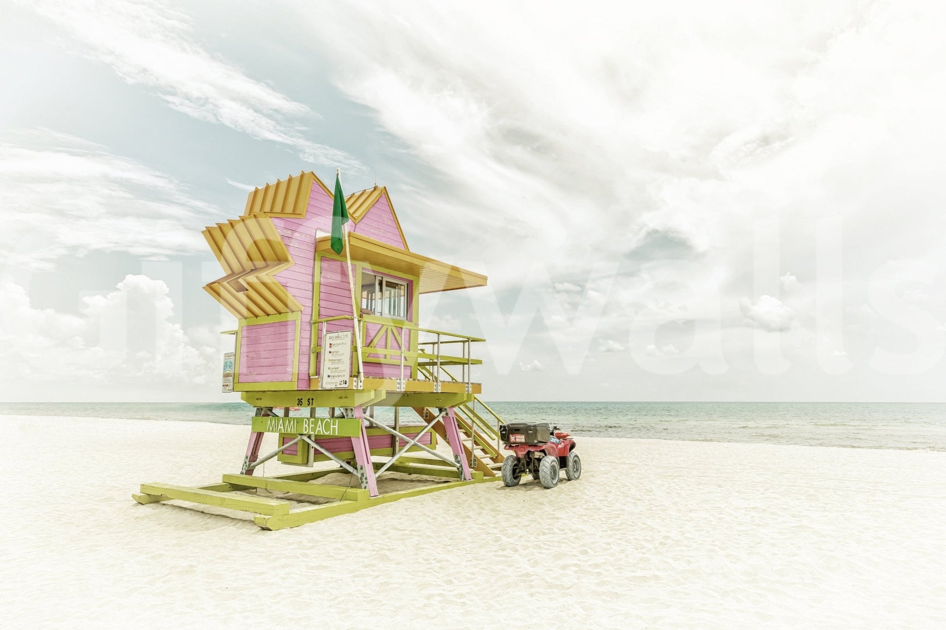 Scenic beach mural combining surf culture and vintage color palette.

