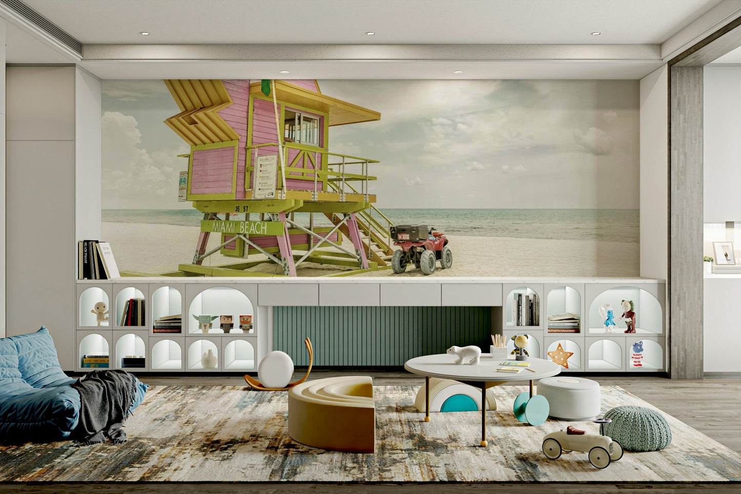 Pastel-toned mural showcasing old-school Miami boardwalk views.

