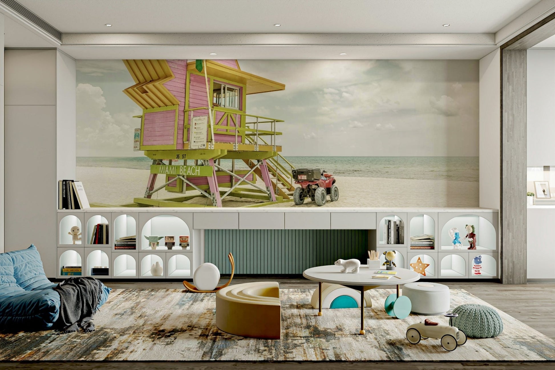 Pastel-toned mural showcasing old-school Miami boardwalk views.

