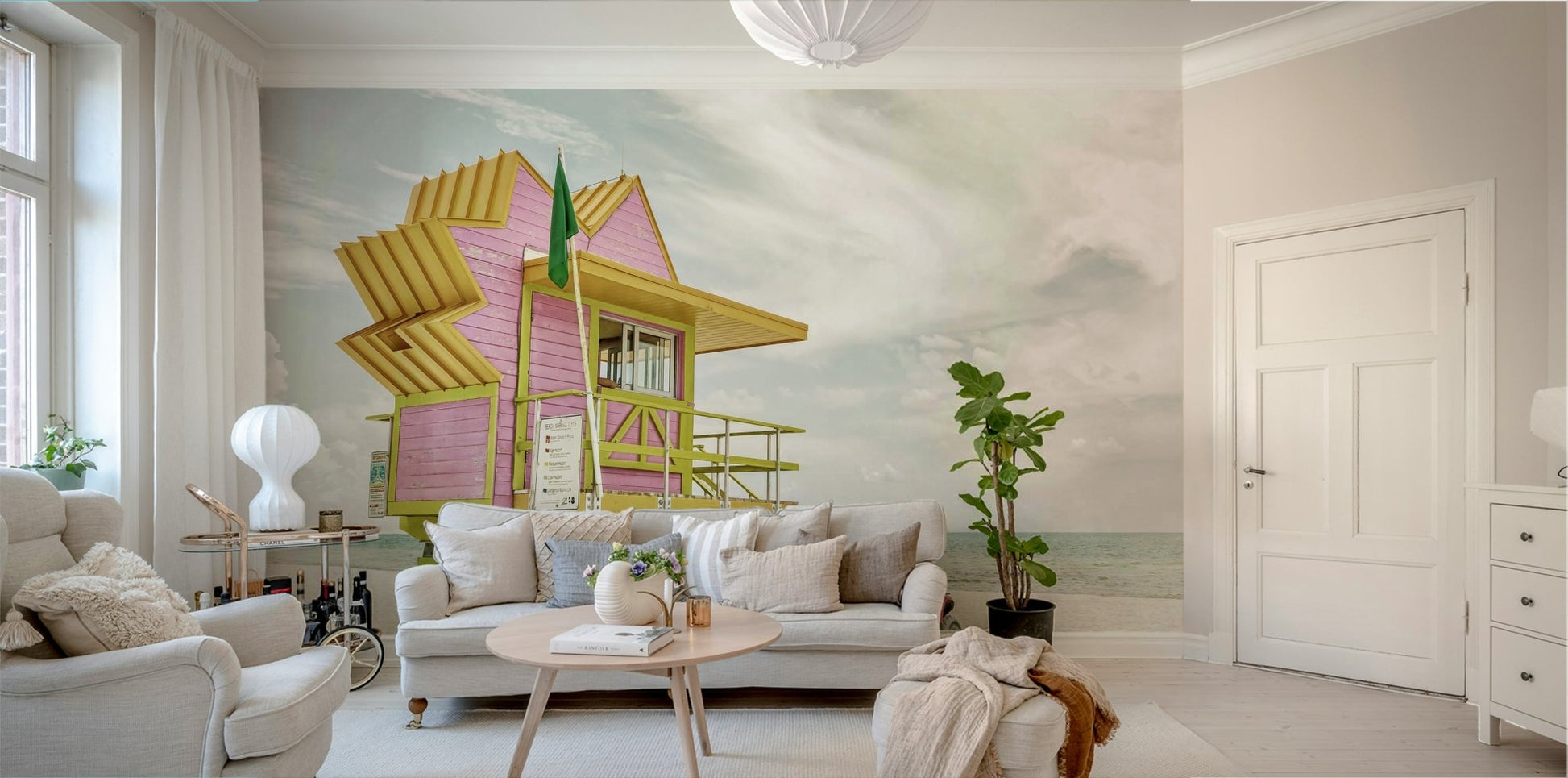 Tropical Florida mural featuring vintage cars and neon accents.

