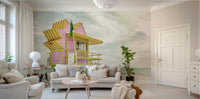 Tropical Florida mural featuring vintage cars and neon accents.

