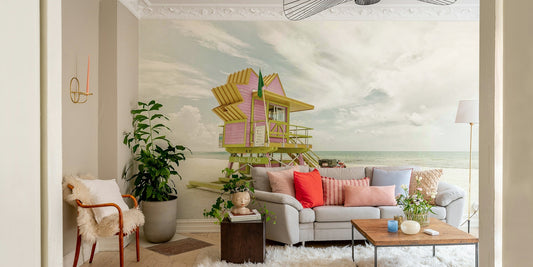 Vintage Miami Beach mural with pastel buildings and palm trees.


