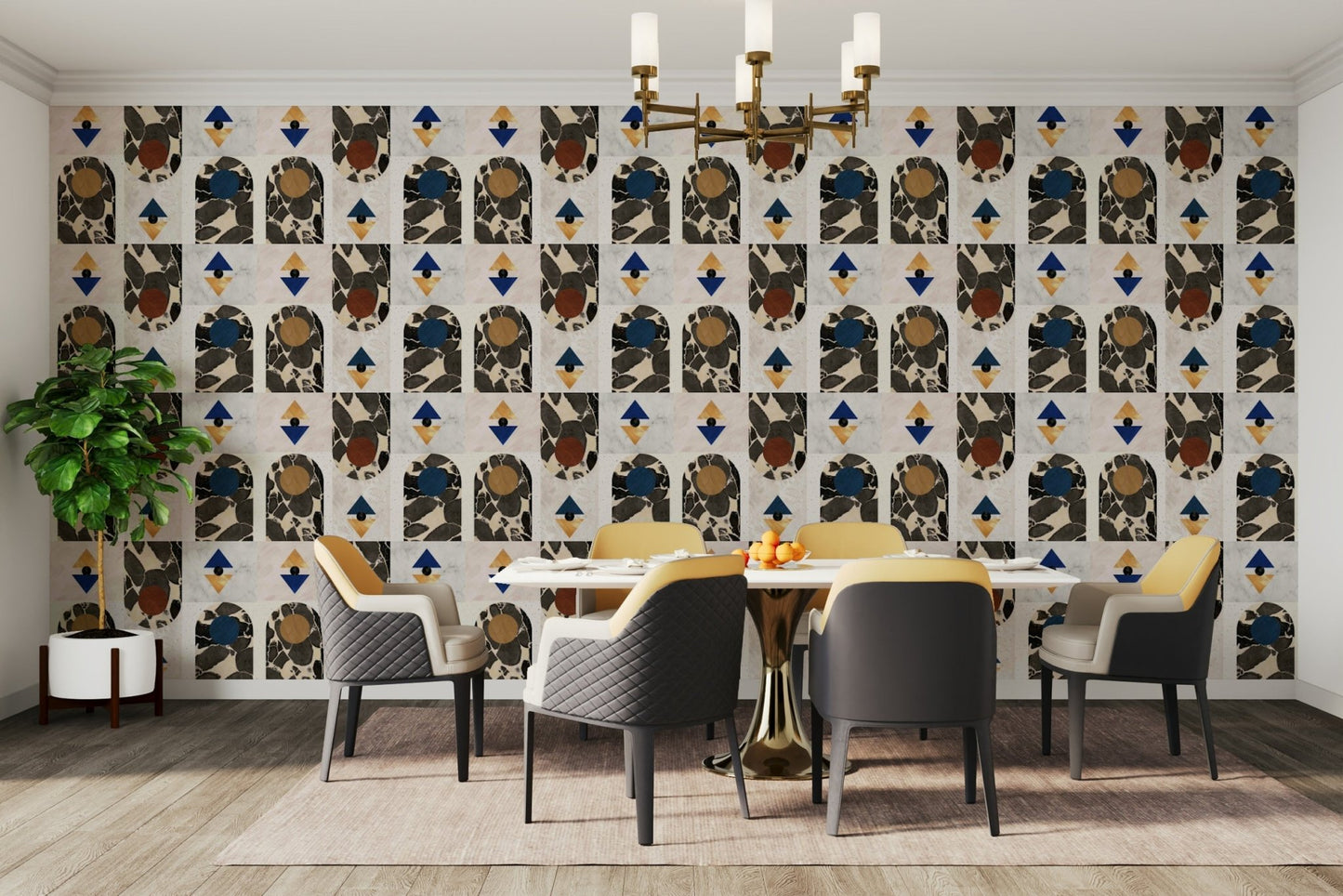 Mid-century wallpaper behind mid-tone wood furniture

