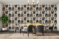 Mid-century wallpaper behind mid-tone wood furniture


