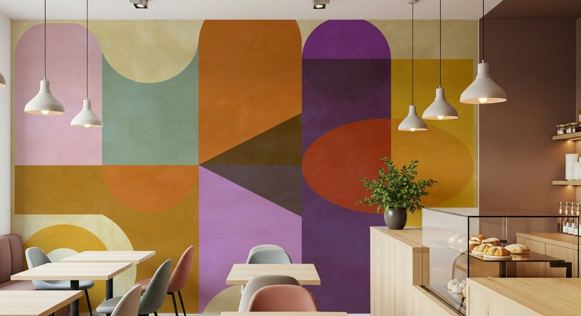Modern mustard yellow panels fill Mid-Century Abstract wall mural.