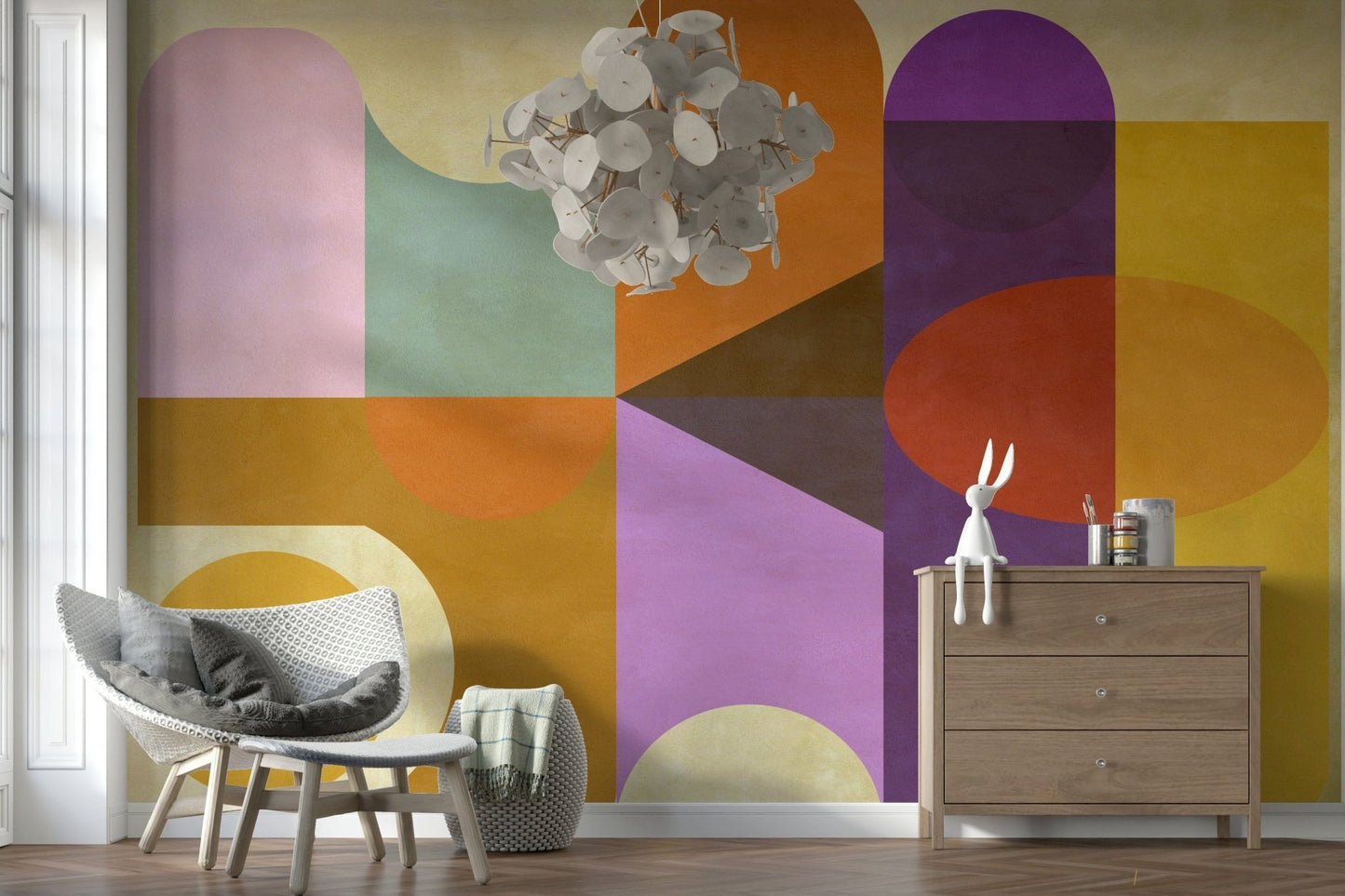 Mid-Century Abstract wallpaper for walls displays muted teal curves.