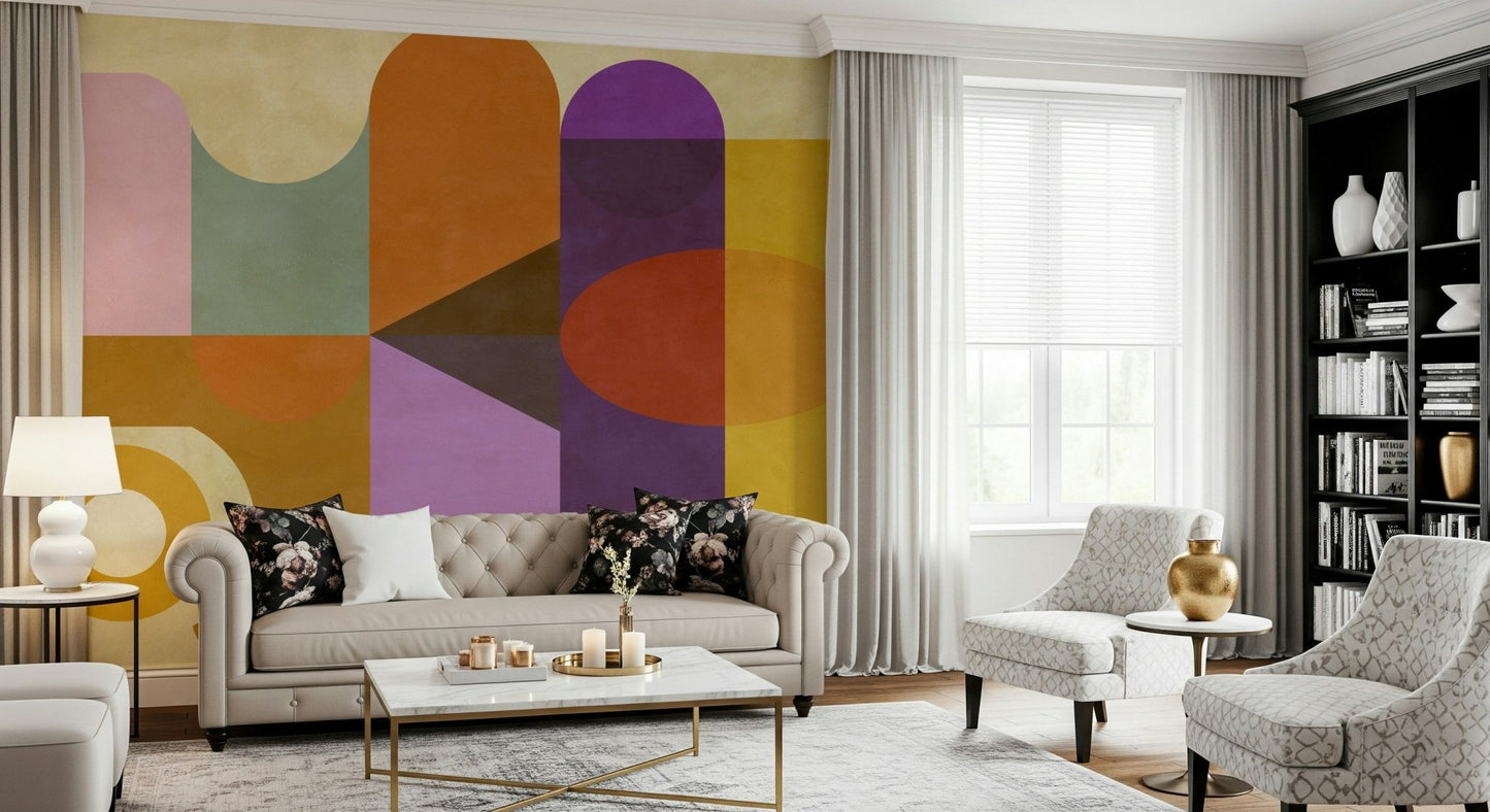 Mid-Century Abstract wallpaper features colorful geometric arches.
