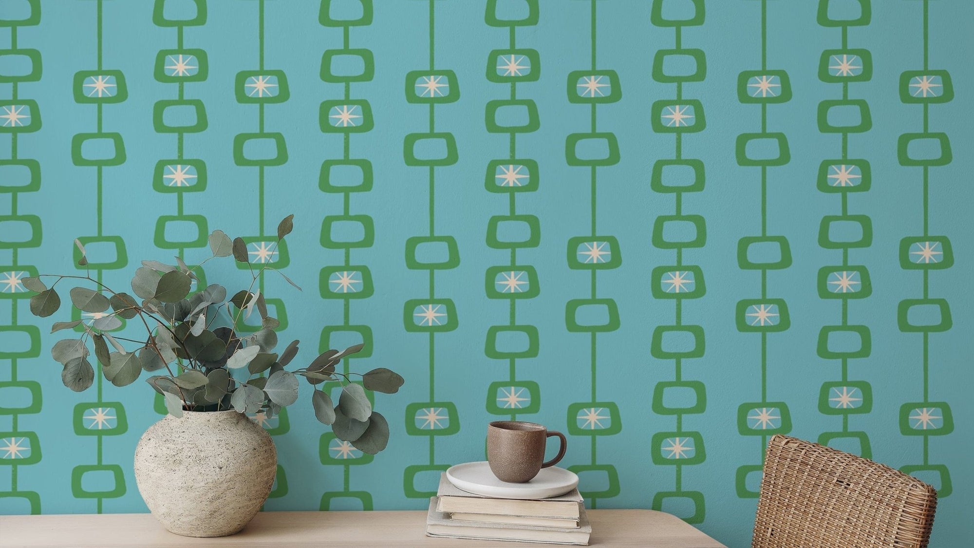 Stylish Mid Century Atomic Orbs Blue Green Wallpaper, SUSCT03