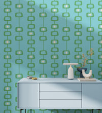 Bold Mid Century Atomic Orbs Blue Green Wallpaper
