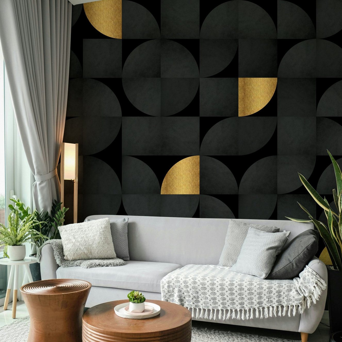 Mid-century black and gold wall mural for modern spaces.

