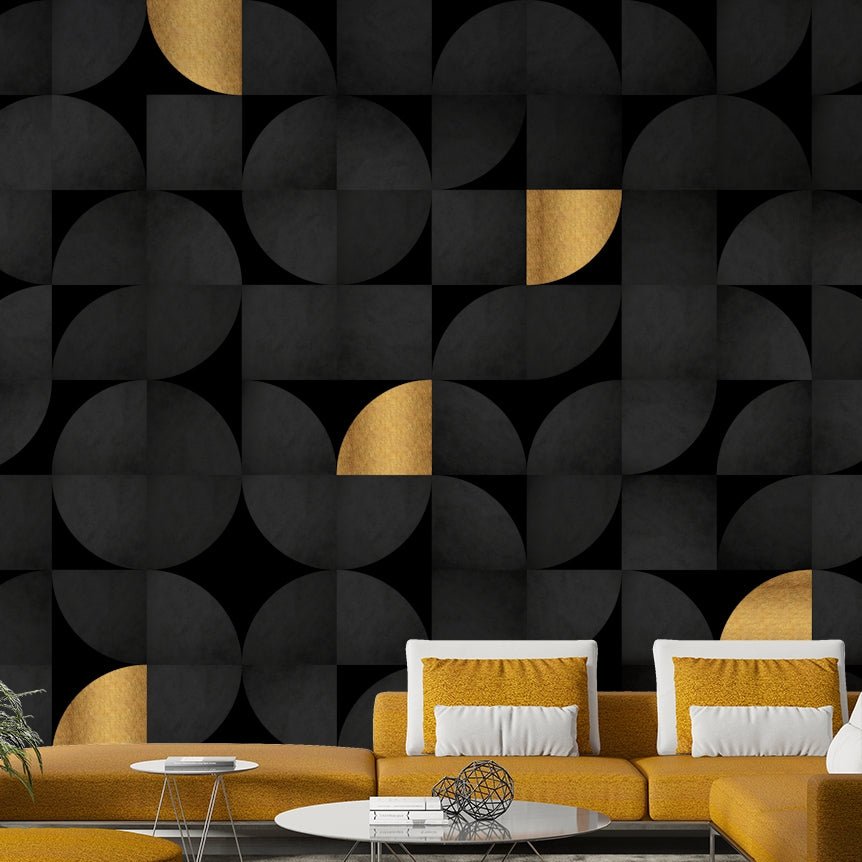 Elegant mid-century wall mural with black and gold accents., GD1795