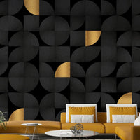 Elegant mid-century wall mural with black and gold accents., GD1795