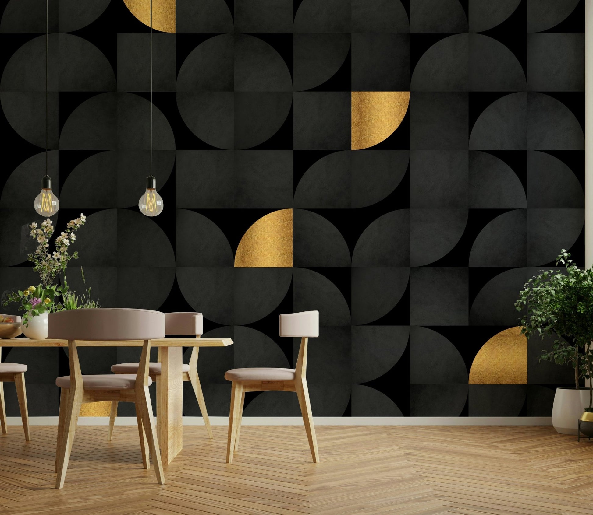 Mid-century modern black and gold mural for contemporary walls., GD1795
