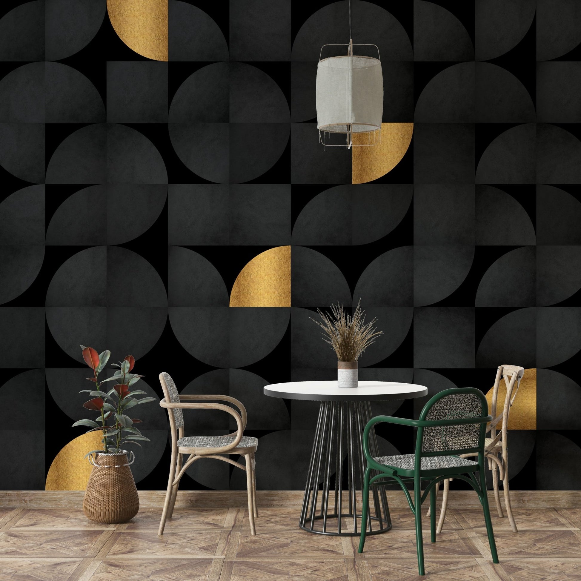 Elegant mid-century wall mural in black and gold tones., GD1795