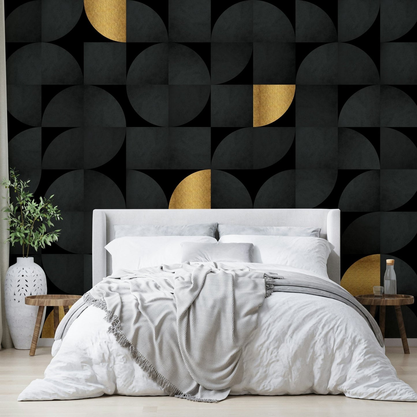 Luxury gold details on black mid-century wall mural., GD1795