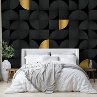 Luxury gold details on black mid-century wall mural., GD1795