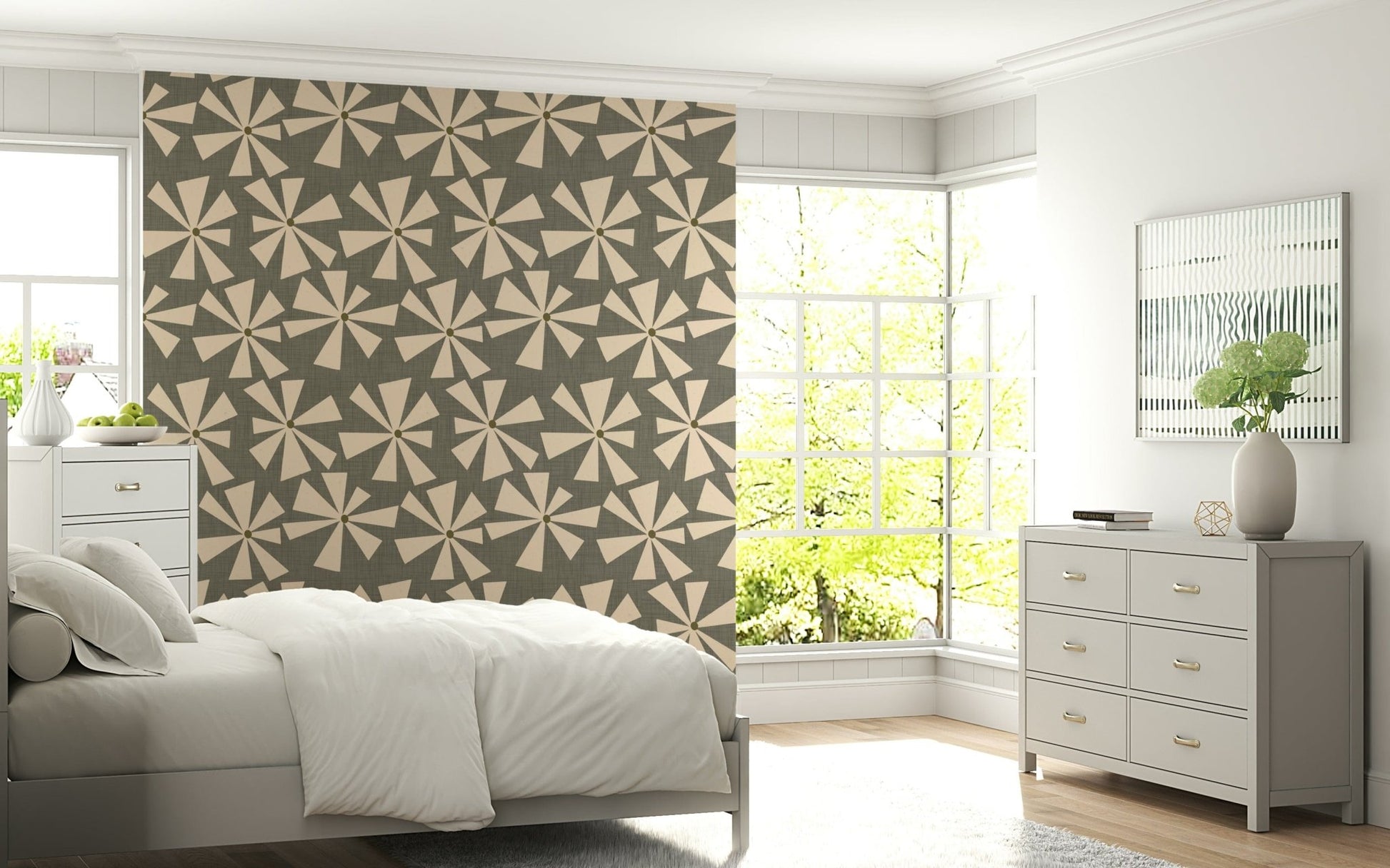 Wallpaper for walls, wistful Mid-Century Bloom pattern.