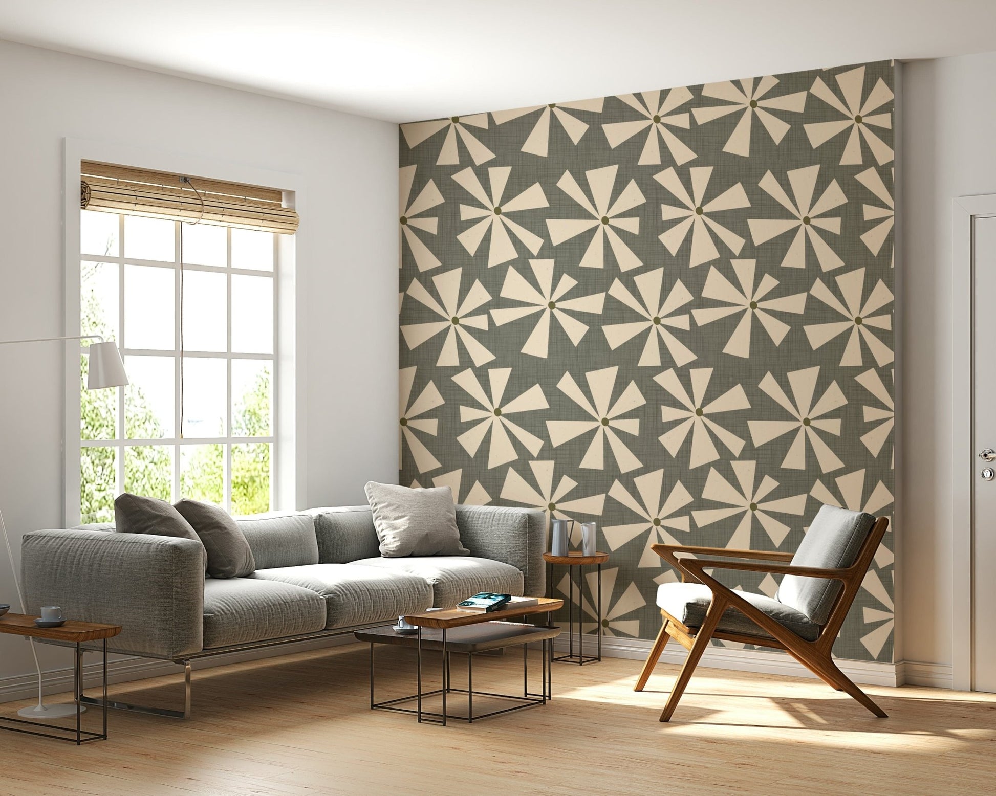 Quixotic peel and stick wallpaper, Mid-Century Bloom.