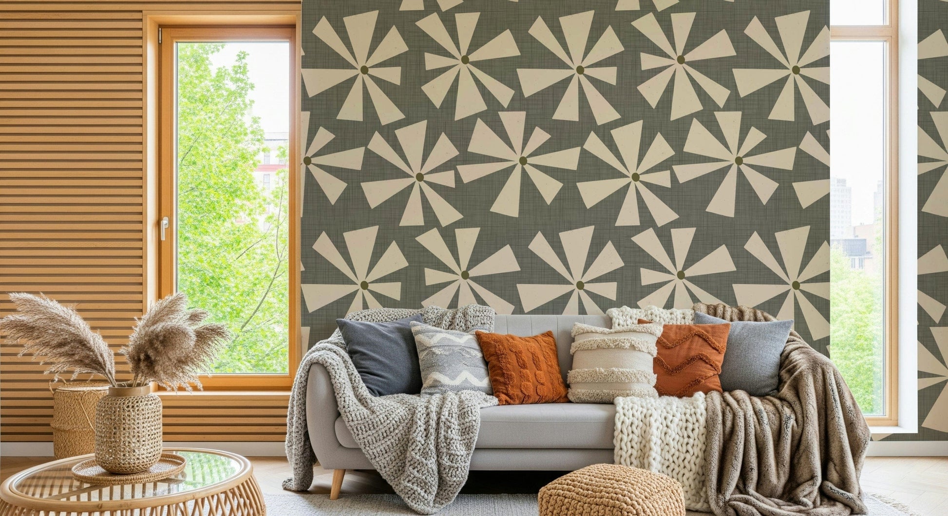 Halcyon Mid-Century Bloom wallpaper, geometric flower.