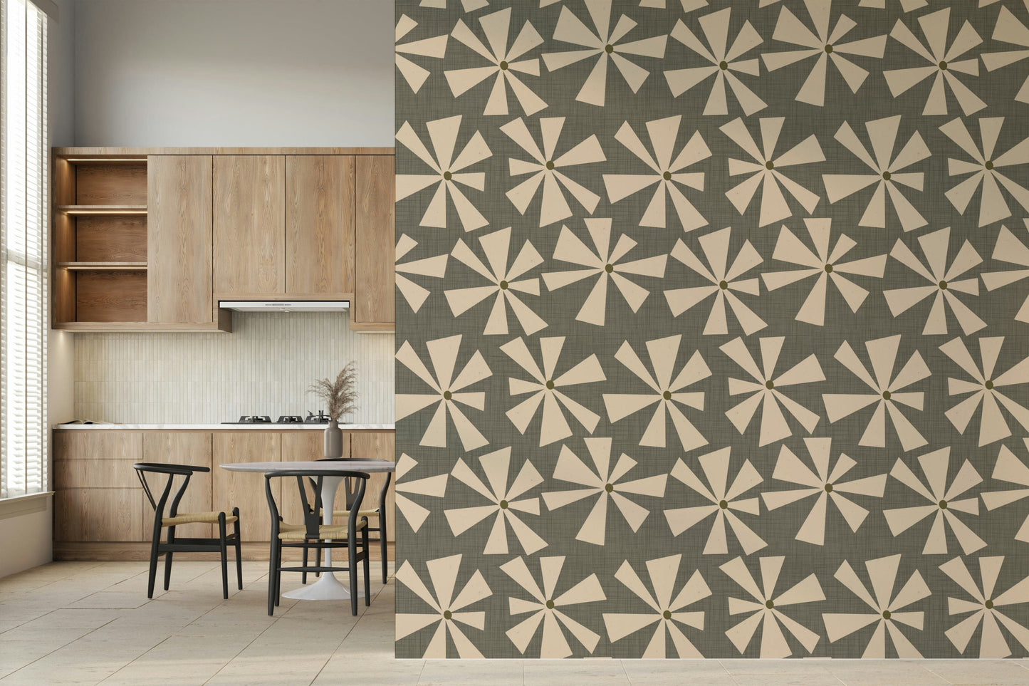 Chimerical Mid-Century Bloom wall mural, neutral tones.