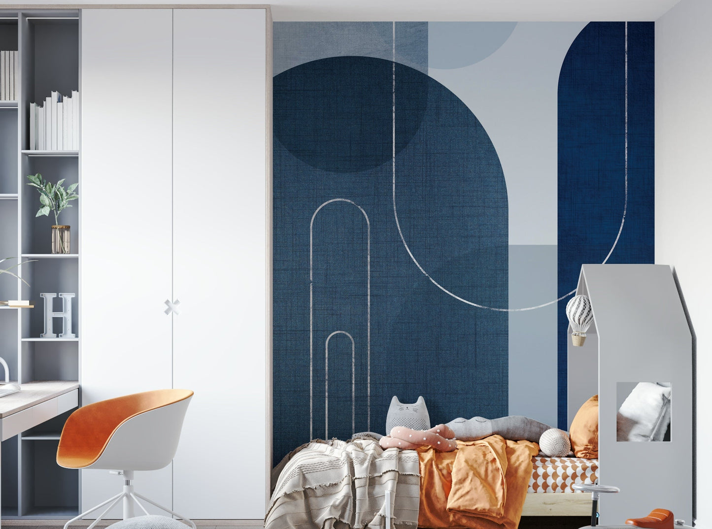 Blue Linen Mural in Mid Century Style for Interiors

