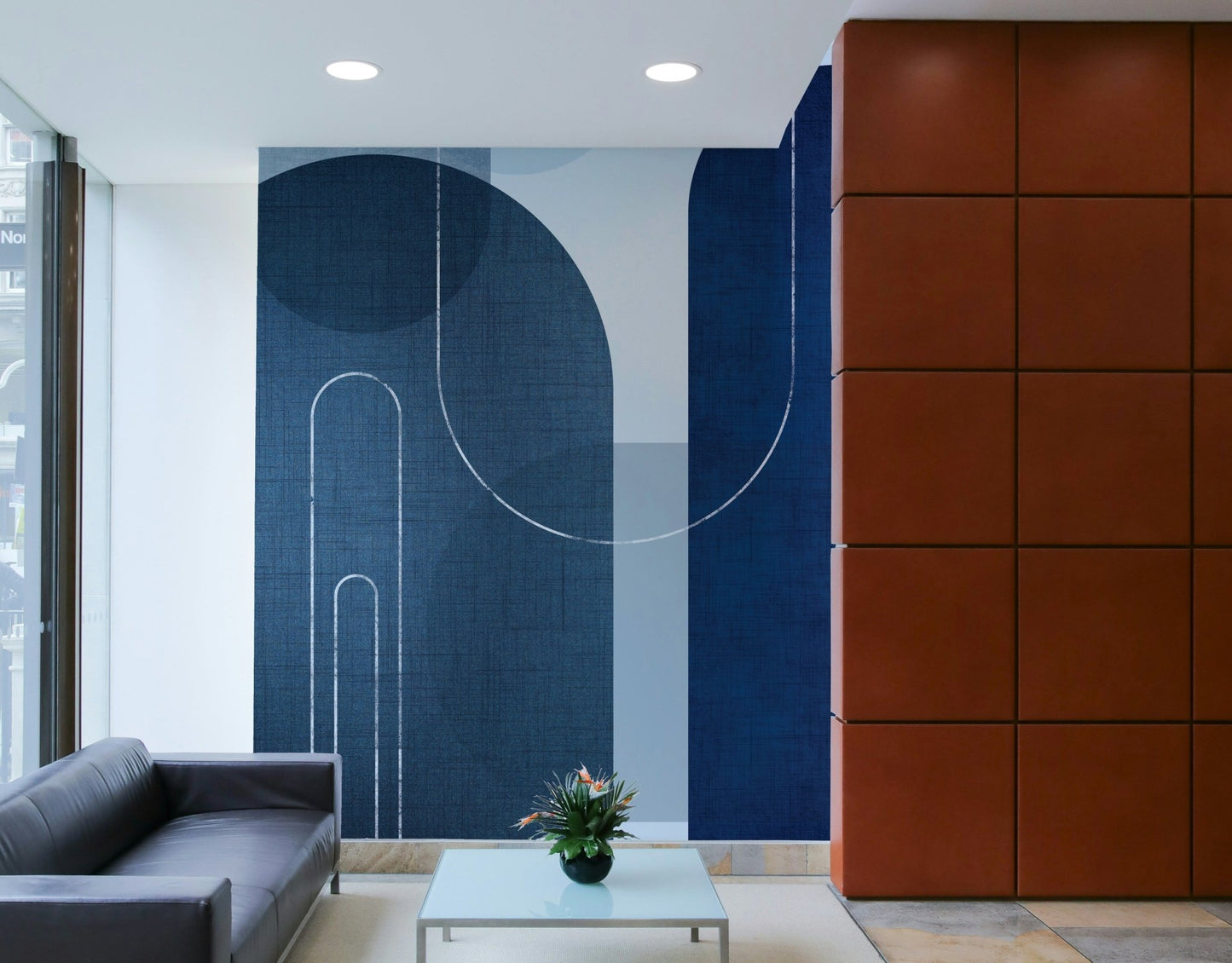 Mid Century Blue Linen Mural for Modern Walls

