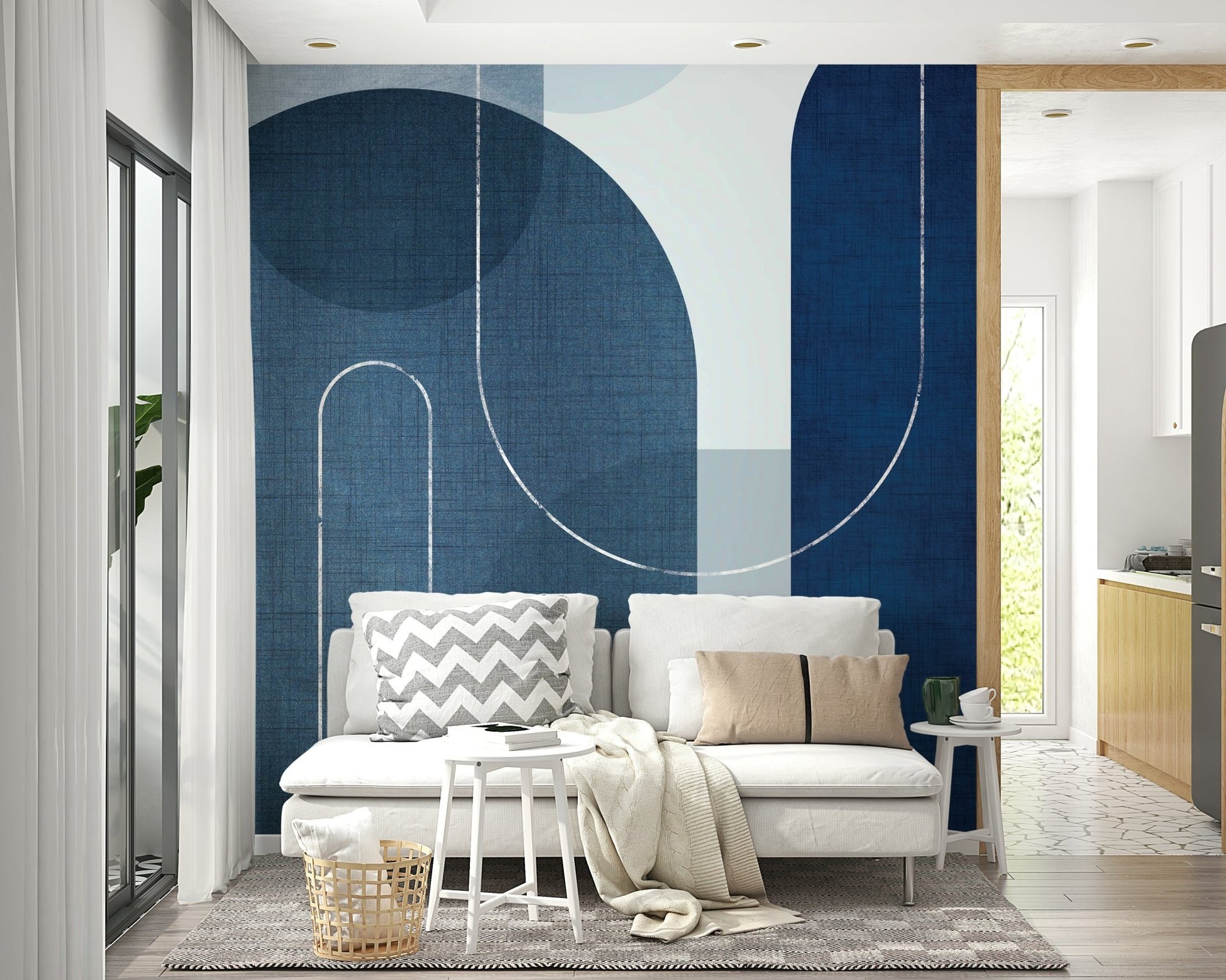 Mid Century Blue Linen Mural for Minimalist Decor

