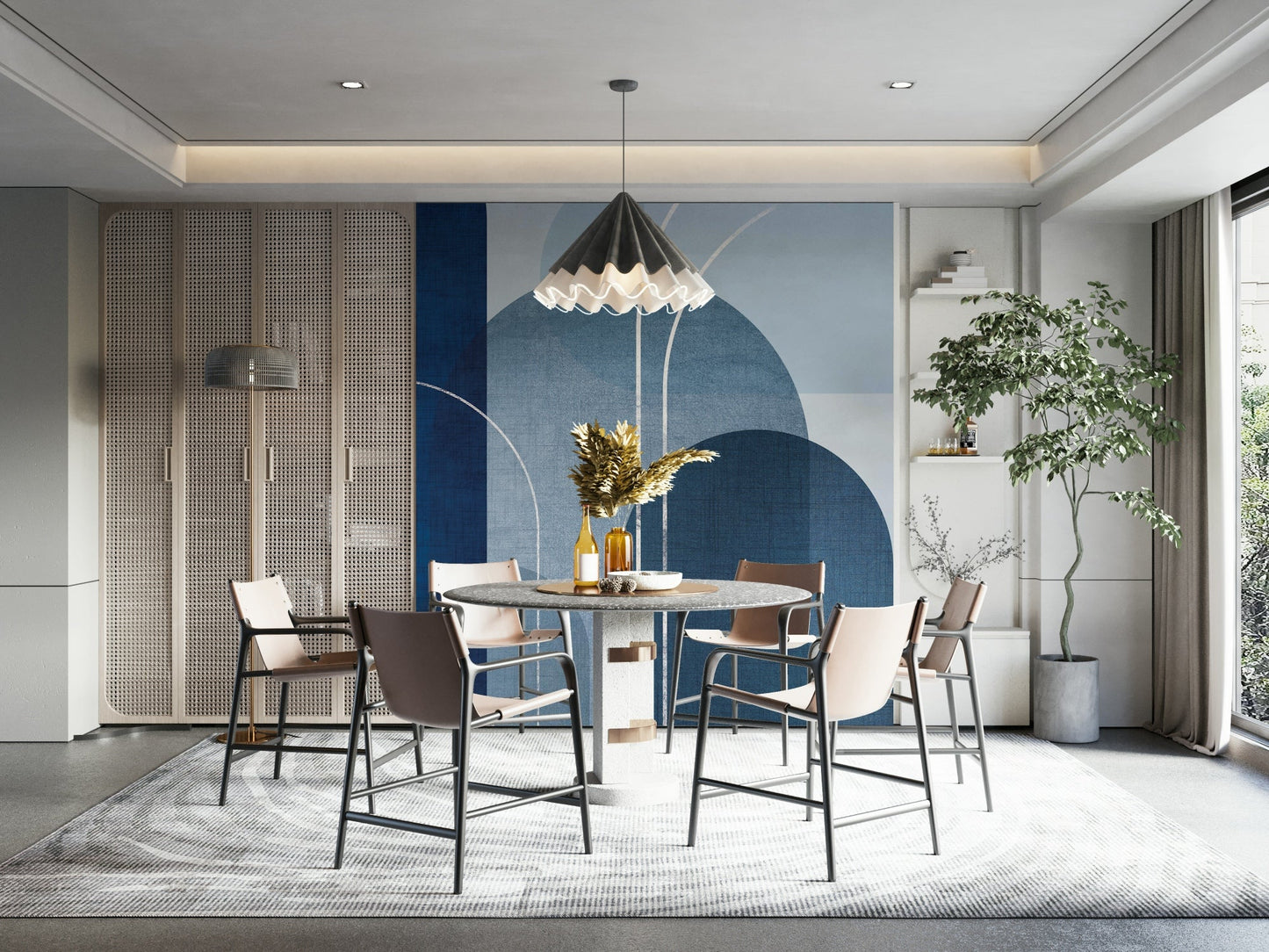 Contemporary Blue Linen Wallpaper with a Mid Century Twist

