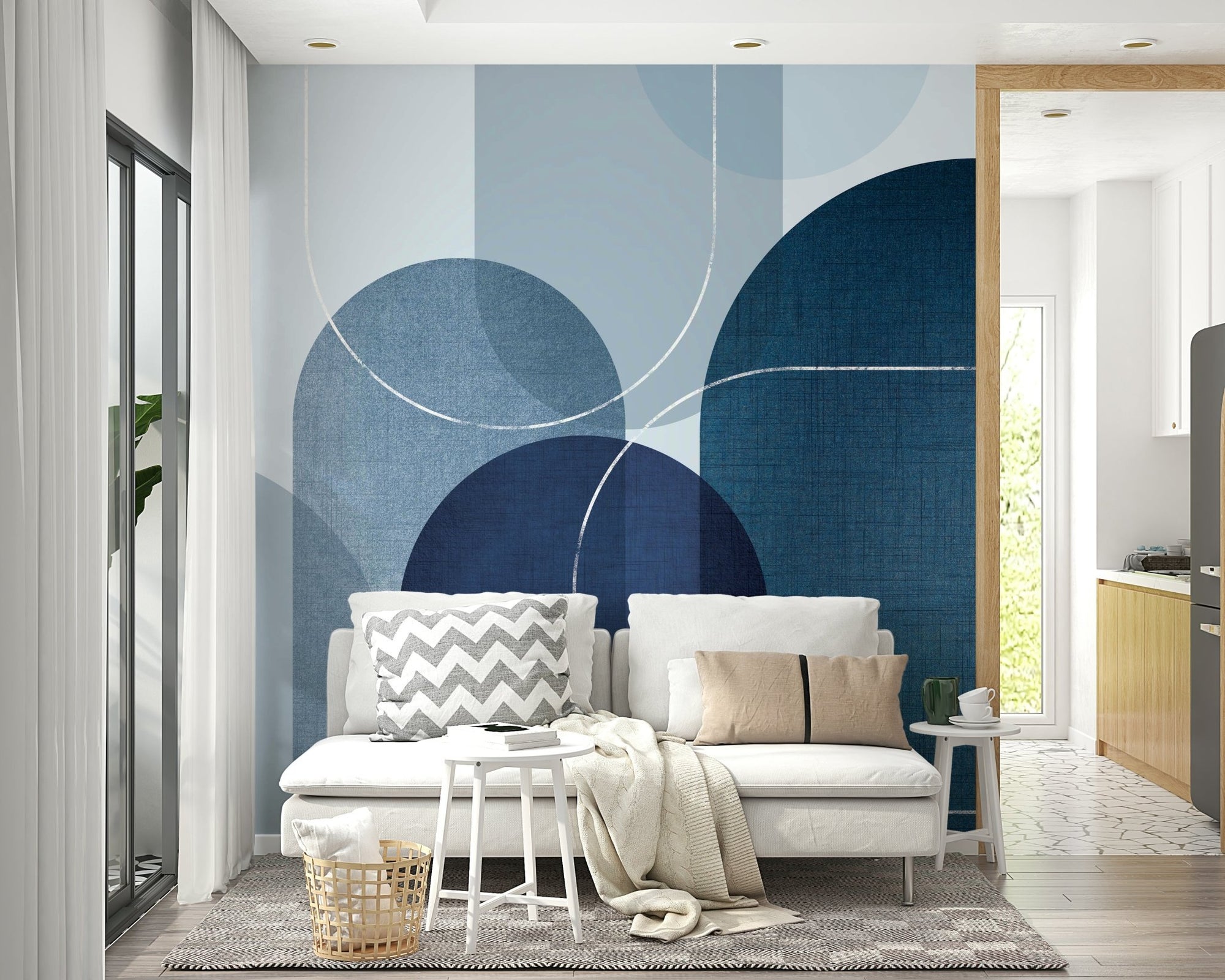 Mid Century Blue Linen Wallpaper Design, GD1676