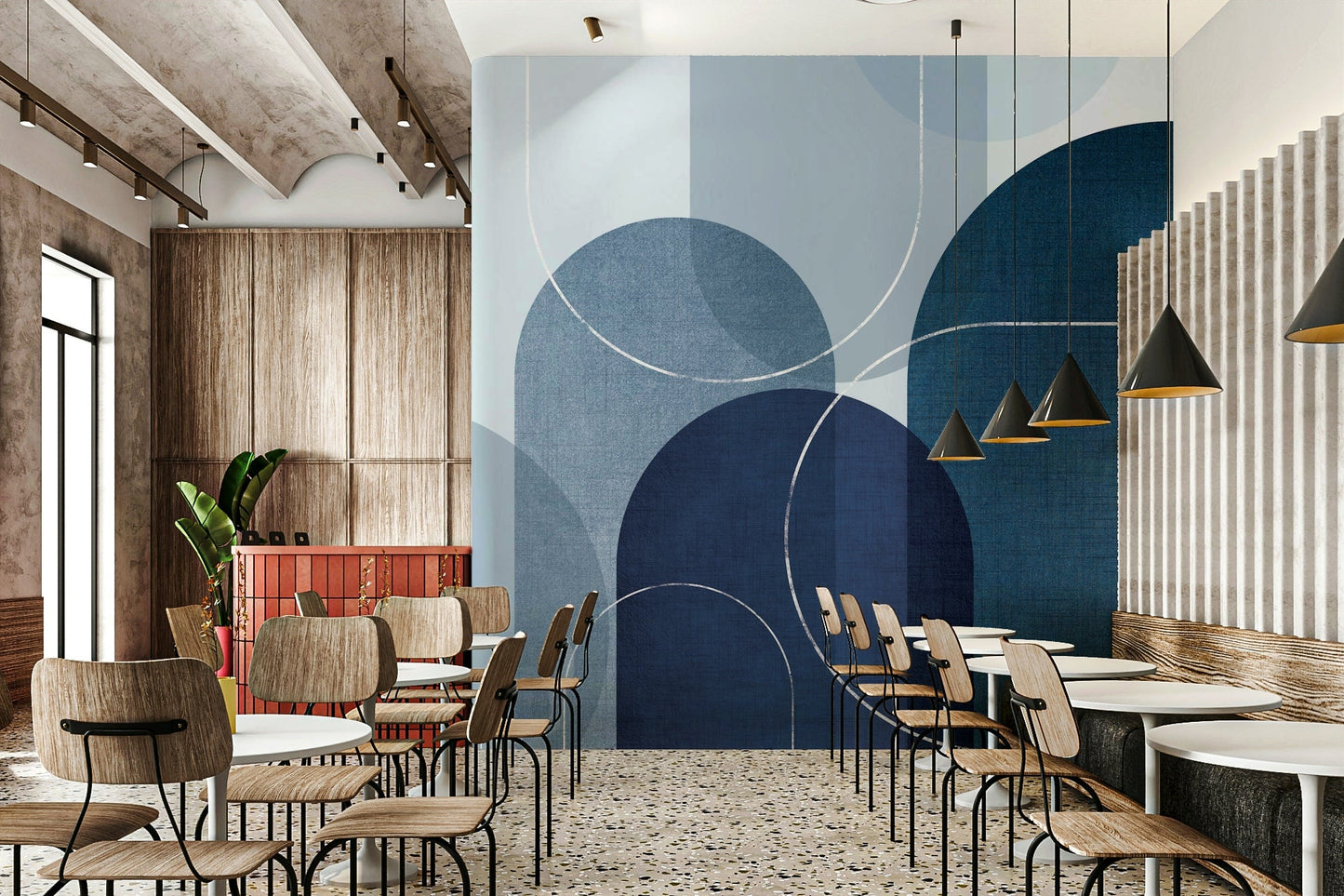 Blue Linen Wallpaper in Mid Century Design

