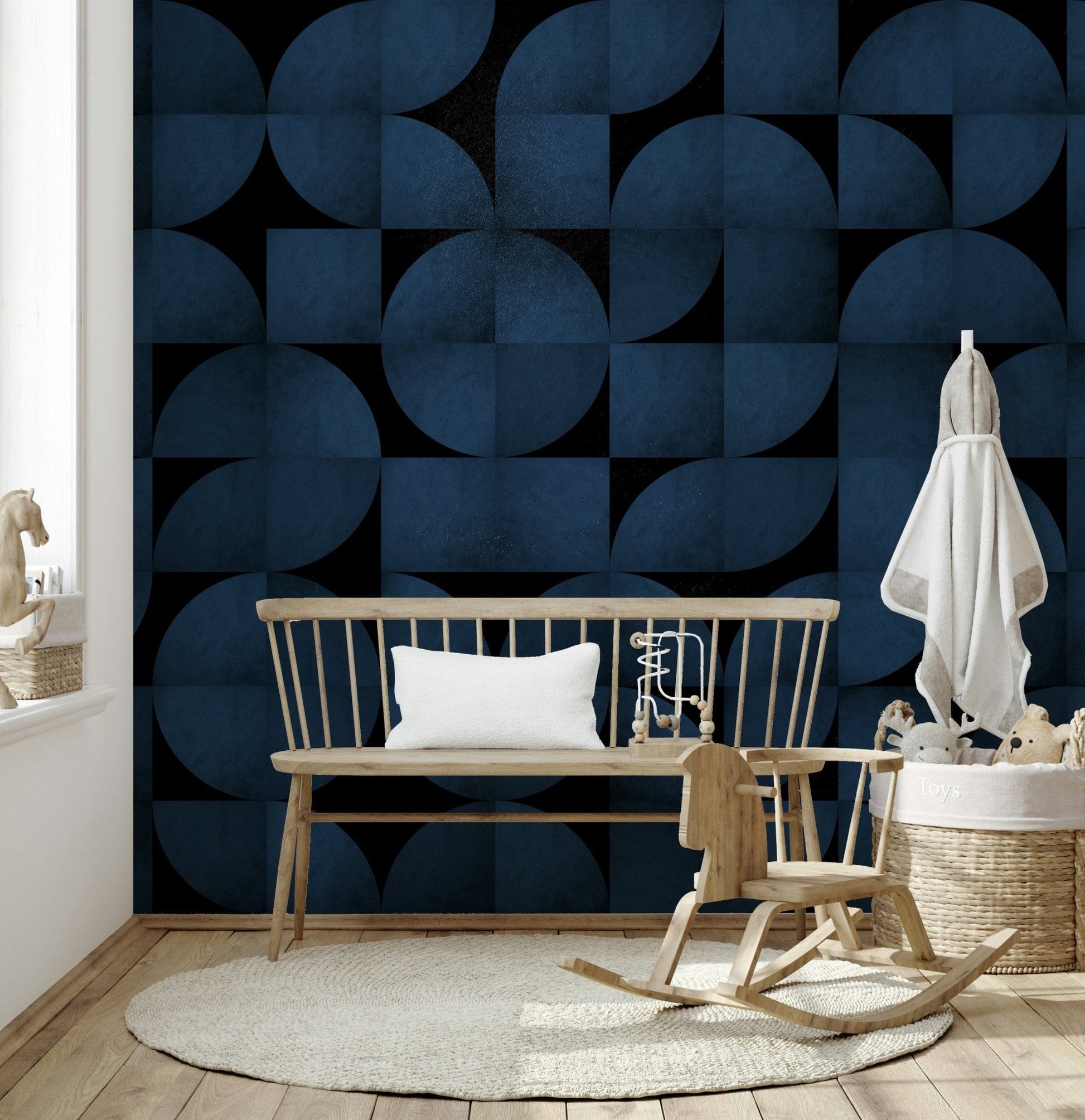 Mid-Century Blue Stone Wall Mural providing a bold backdrop.