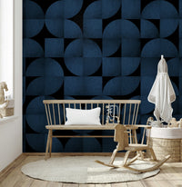 Mid-Century Blue Stone Wall Mural providing a bold backdrop.