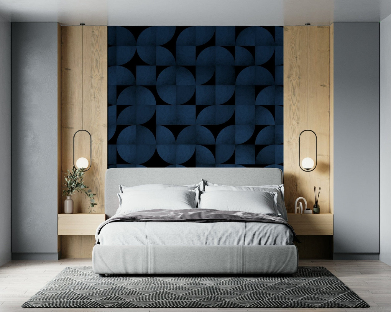 Mid-Century Blue Stone Wall Mural in a retro-style living room.