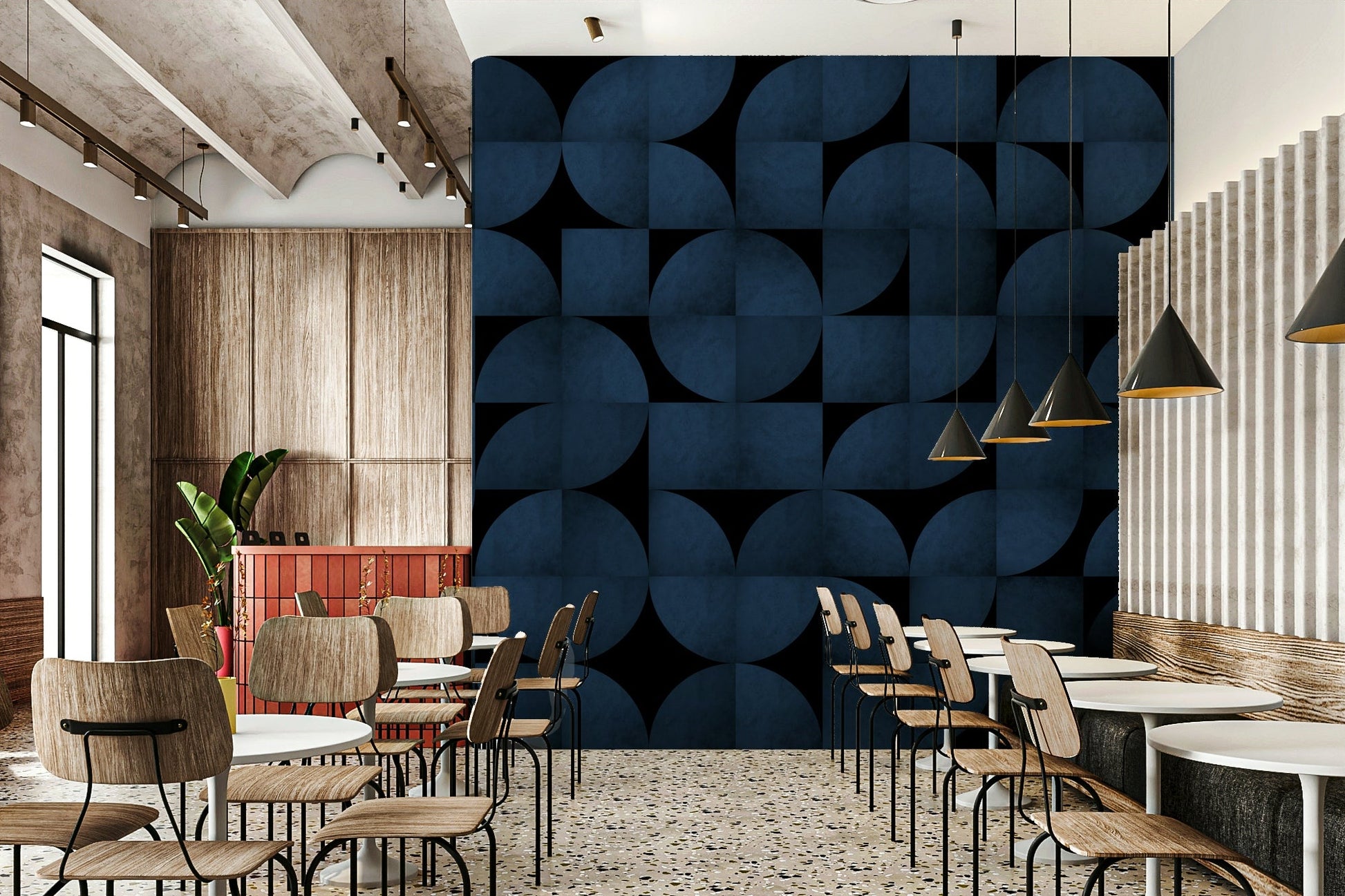 Unique blue and gray texture of the Mid-Century Blue Stone Wall Mural.