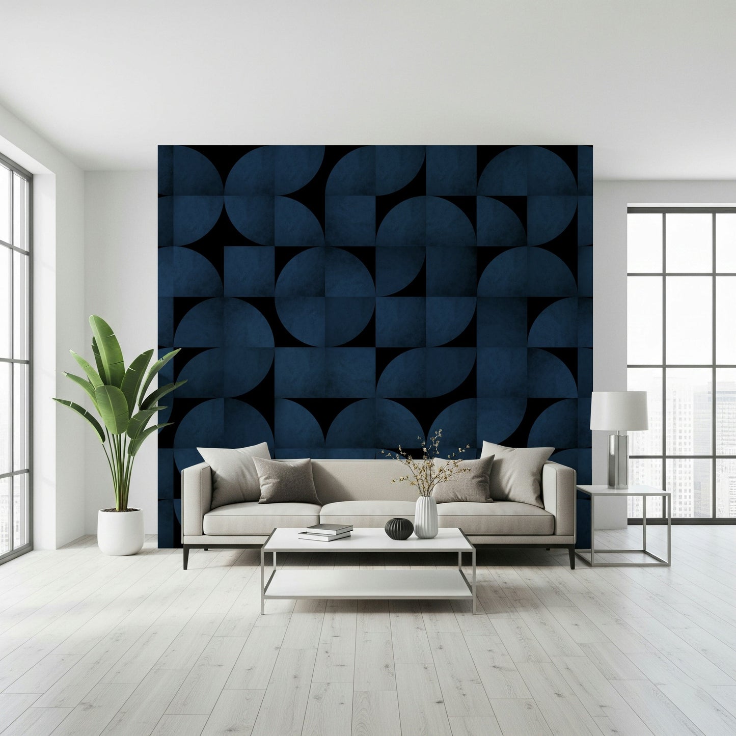 Full room view featuring the vibrant Mid-Century Blue Stone Wall Mural.