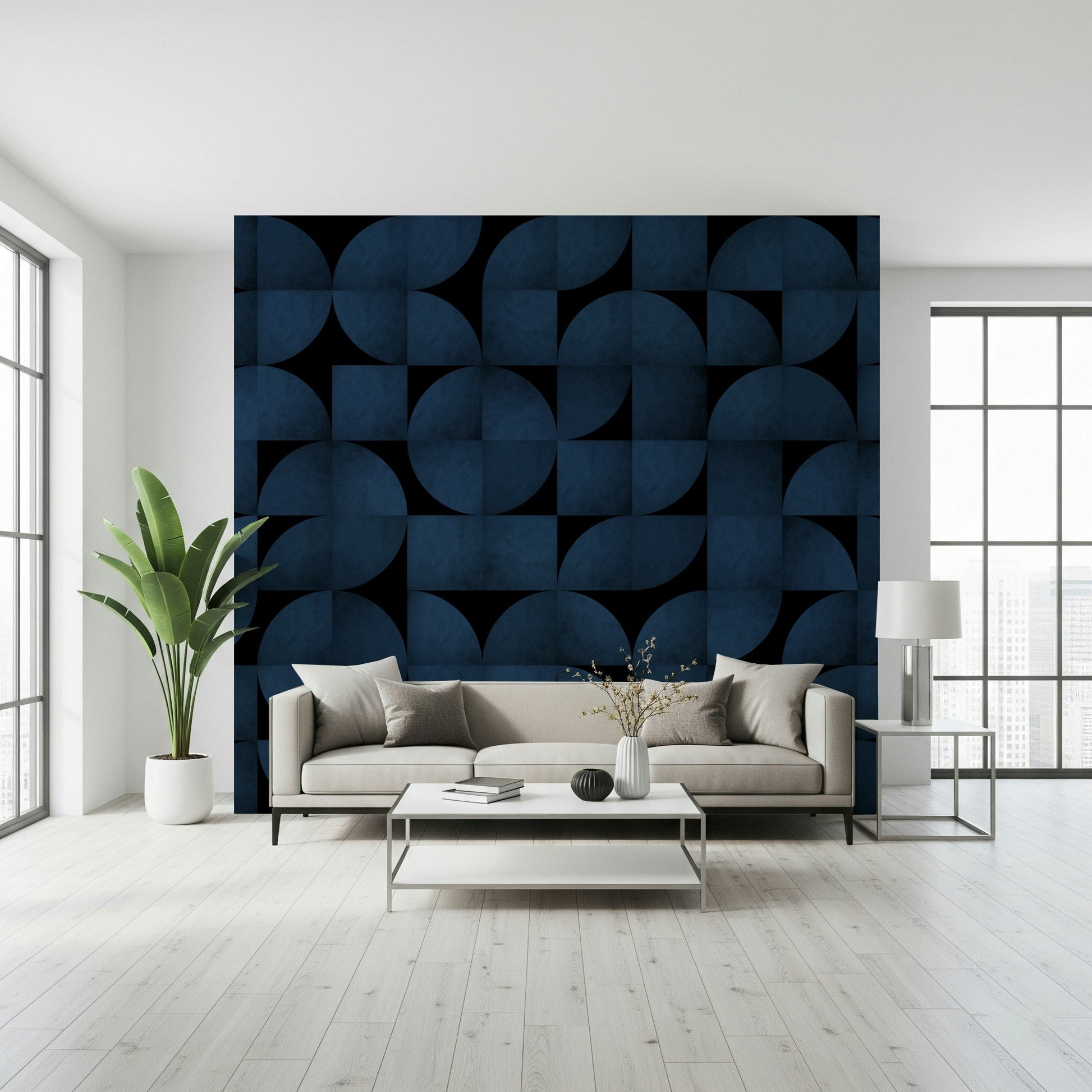 Full room view featuring the vibrant Mid-Century Blue Stone Wall Mural.